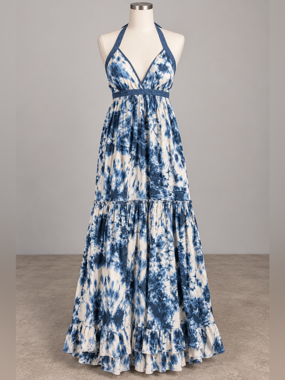 Moda International XS Blue White Tie Dye Halter Maxi Dress 100% Cotton